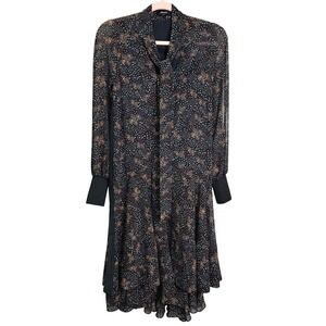 ME+EM Black Scatter Spot Print Long Sleeve Tie Neck Ruffle Hem Dress Size 6